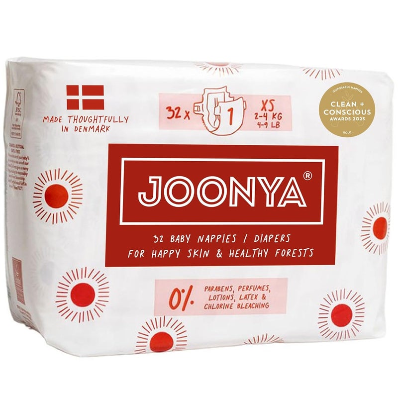 JOONYA Baby Diapers, Size 1 XS (4-9 lb) - 1 Bag of 32 - New Range - NonToxic, Eco-Friendly, Ultra Slim, Overnight Use - Made in Denmark - Image 1